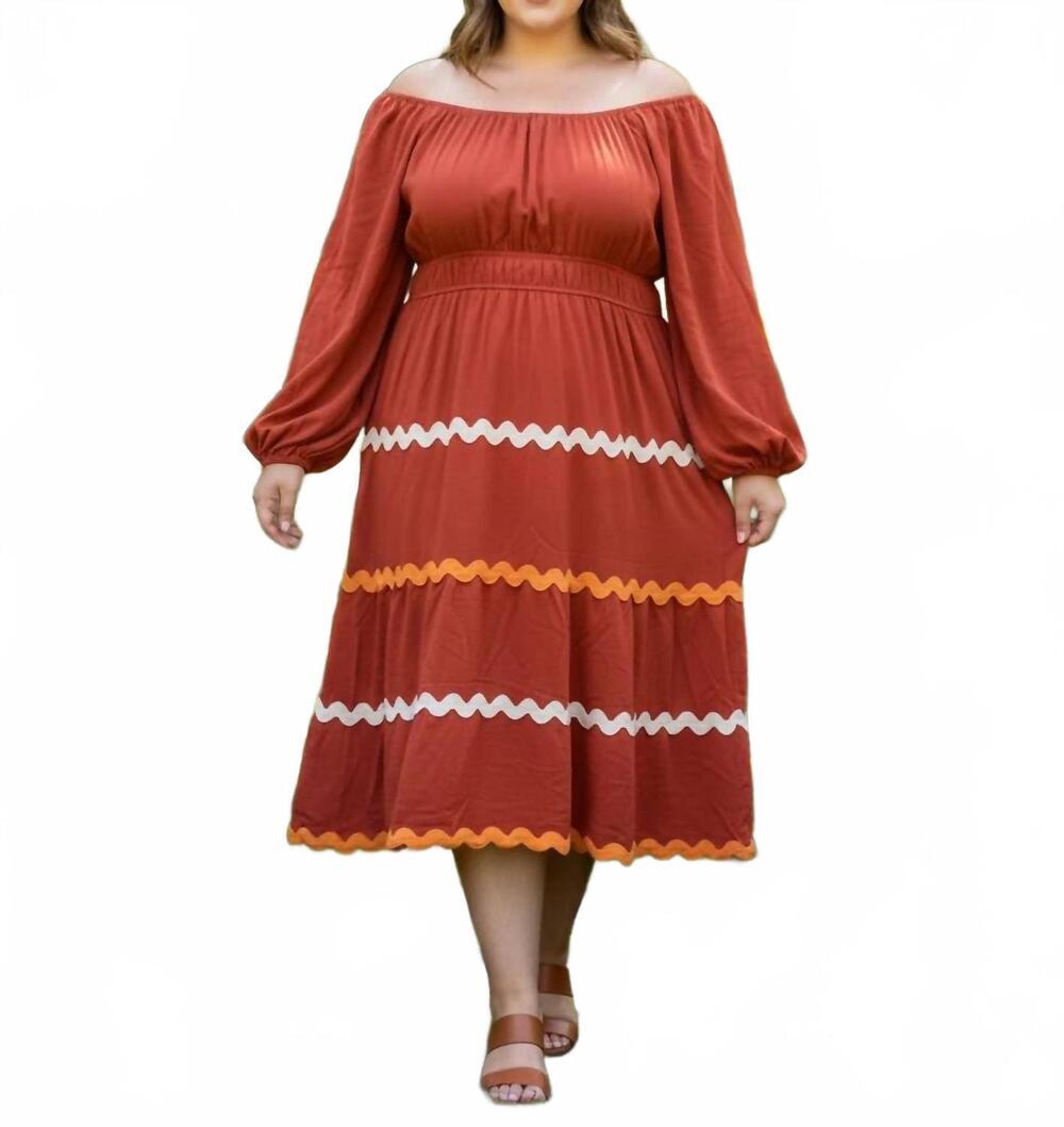 NEW SHE + SKY women's long sleeve woven tiered ric rac trim dress - plus in rust